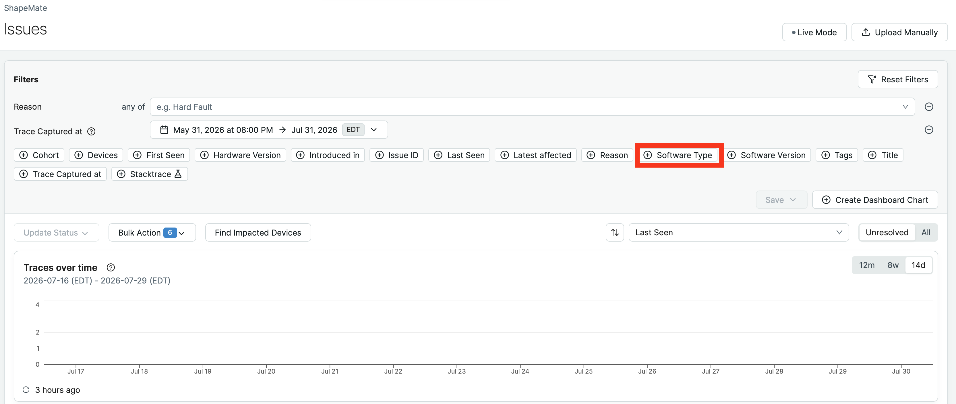 Software Type filter on the Issues page