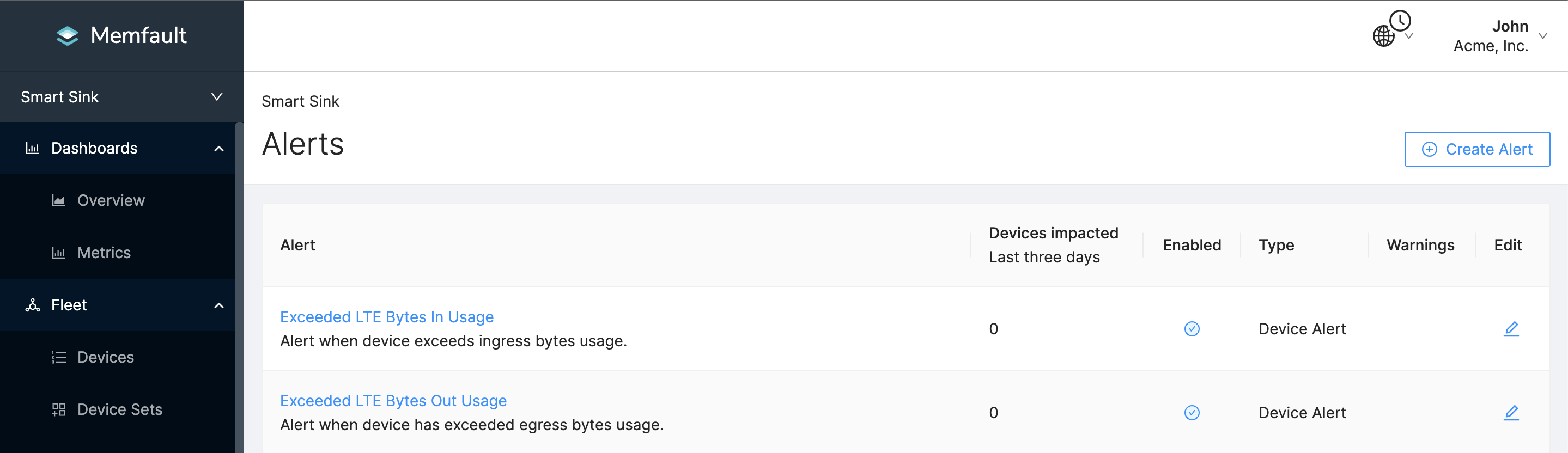 Device Threshold alerts for tracking network bytes usage.