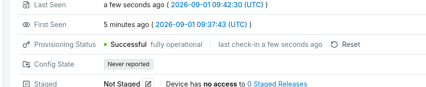 Device details page with a successful provisioning status, recent check-in, and Reset button