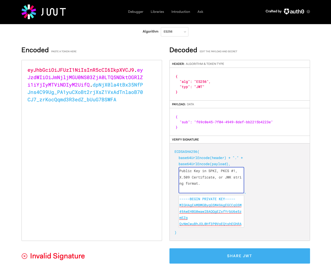 Setting the private key in jwt.io